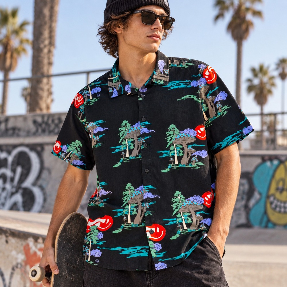 Neff Psychedelic Mushroom Forest Button Up Shirt Sz L Trippy Skate Streetwear
